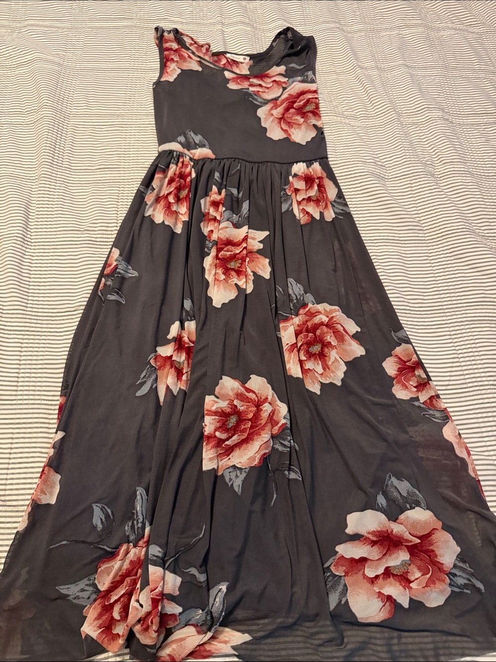 Soprano Black Floral Midi Dress with Red-Pink Blooms